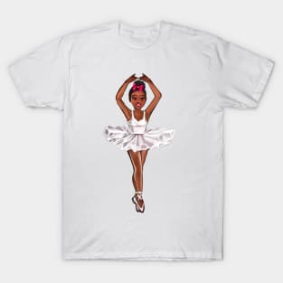 African American ballerina in white tutu and pink bow - brown skin ballerina T-Shirt